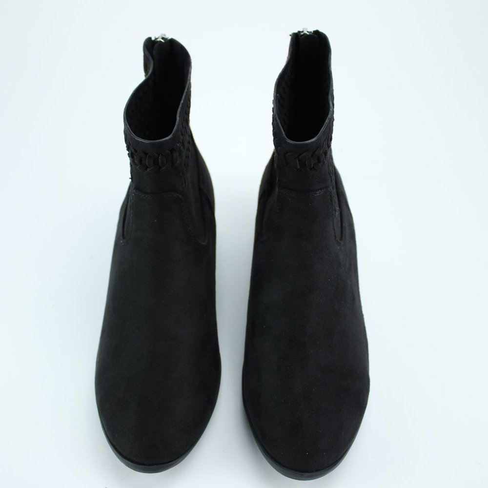 Black Ankle Boots Braided Woven Faux Suede Booties - Picture 7 of 8